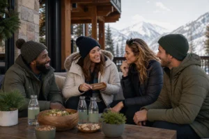 Adult friends gather at a comfortable mountain lodge table
