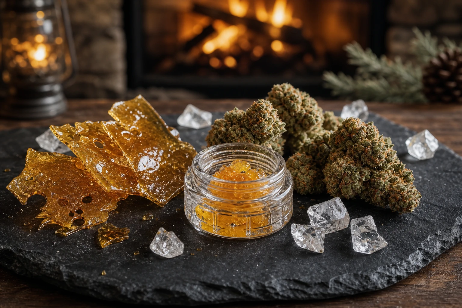 Golden cannabis concentrates and flower arranged on black slate
