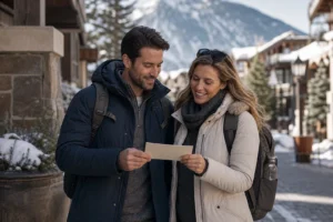 Adult travelers review local information in a snowy Colorado mountain village