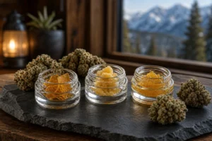 Three unbranded jars show distinct cannabis concentrate textures
