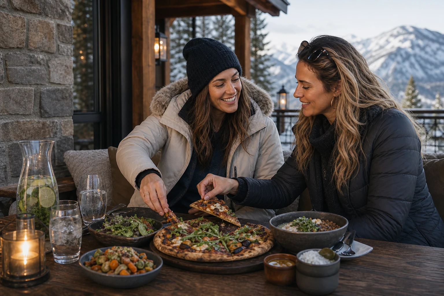Adult friends share pizza and local dishes at a mountain restaurant