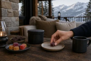 An adult hand portions a single edible beside child-resistant packaging