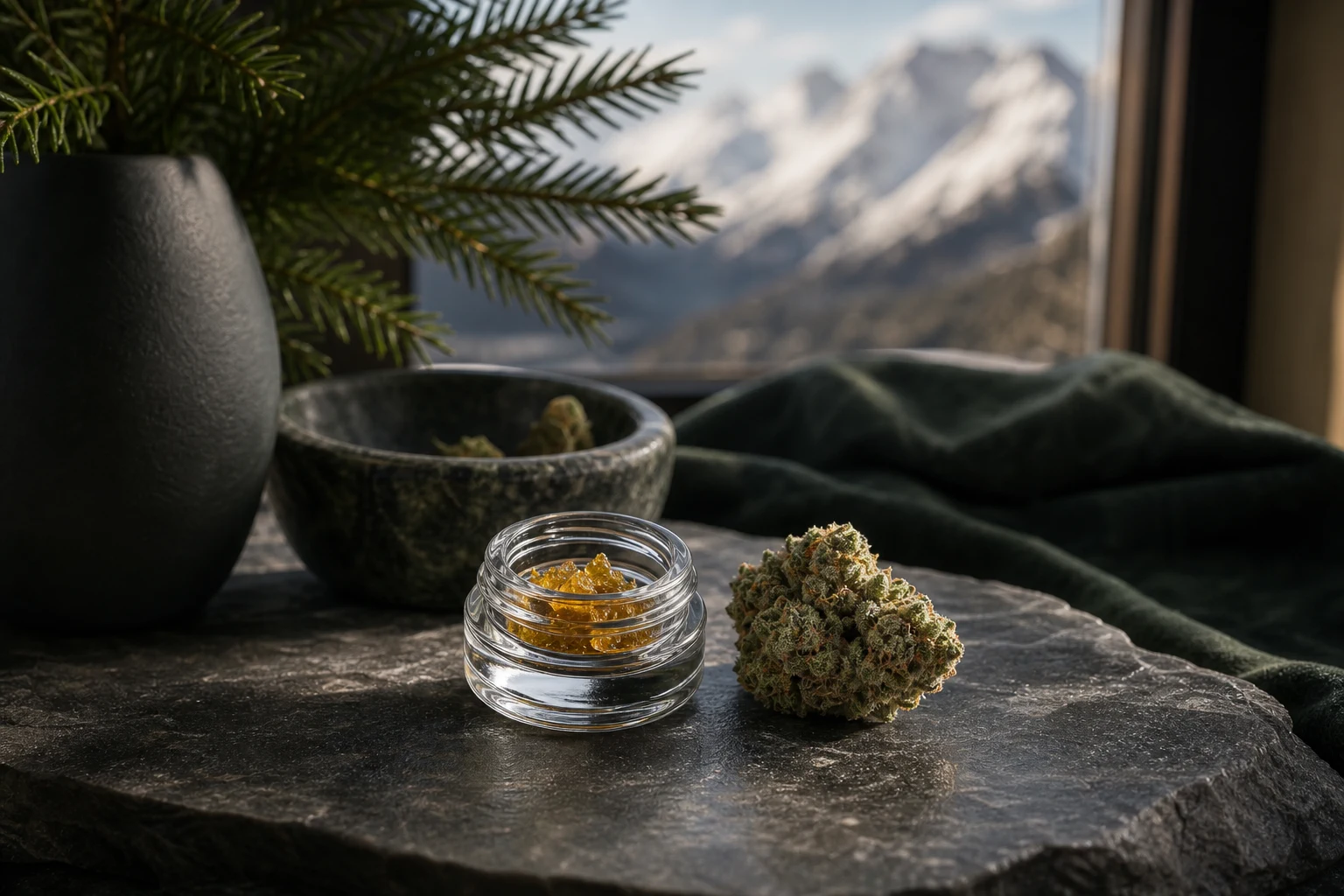 A premium concentrate jar and cannabis flower in an alpine product still life