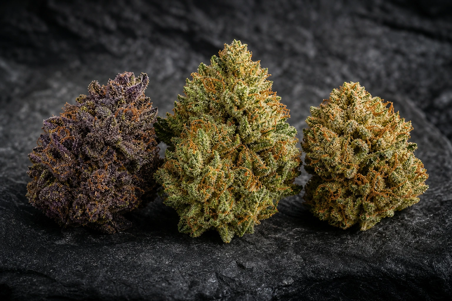 Purple, green and amber cannabis flower buds on dark stone