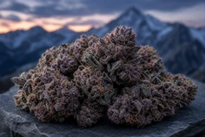 Deep purple indica-style cannabis flower against an alpine twilight background