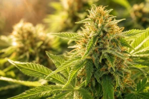 Bright green sativa-style cannabis flower in golden morning light