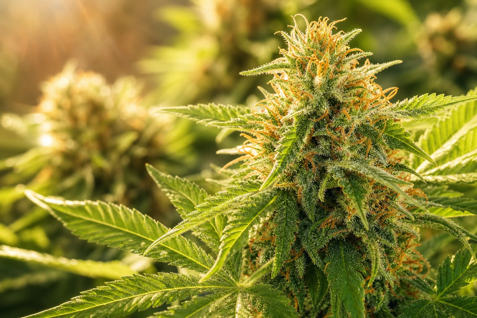 Bright green sativa-style cannabis flower in golden morning light