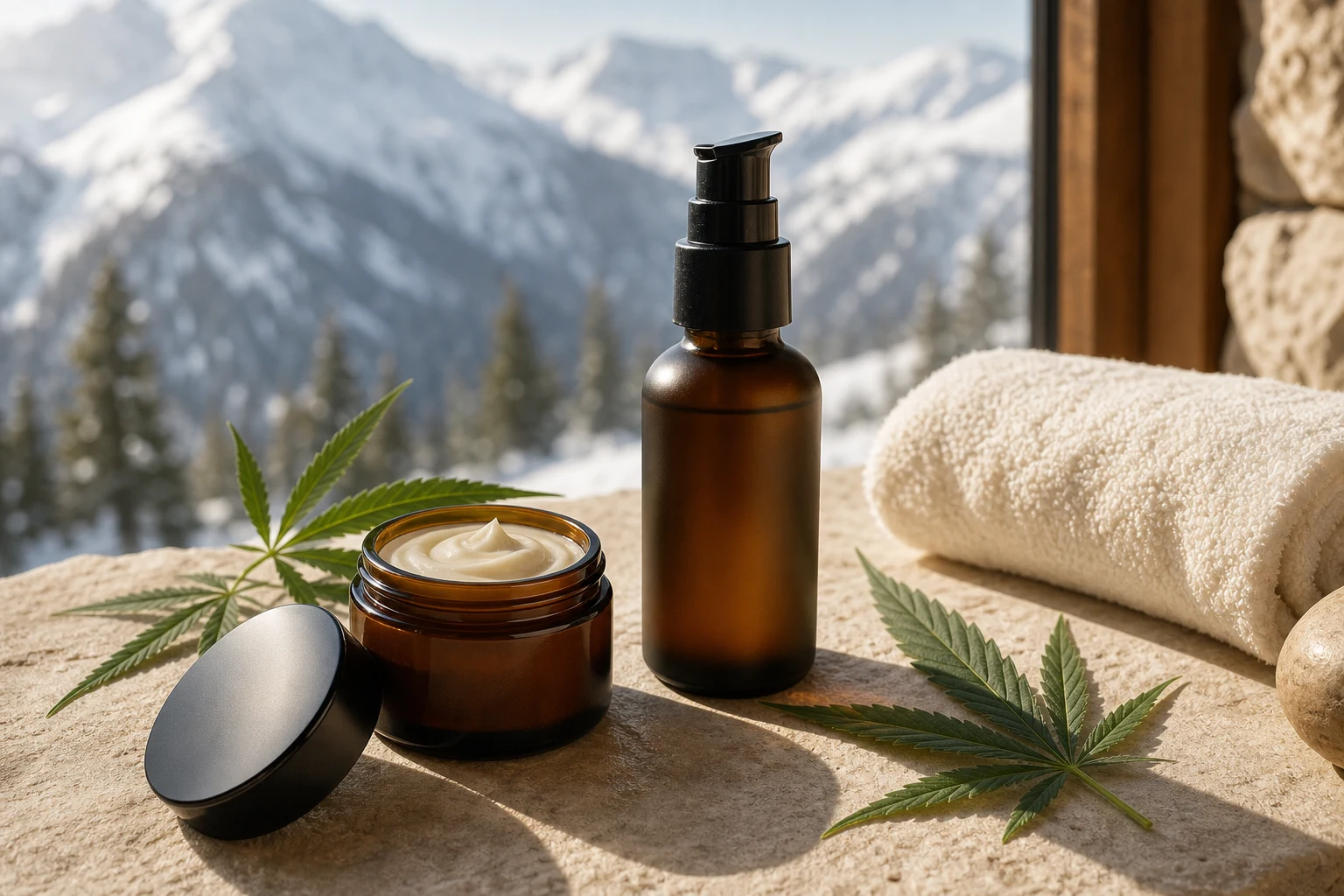 Unbranded topical balm and lotion with cannabis leaves in an alpine wellness setting