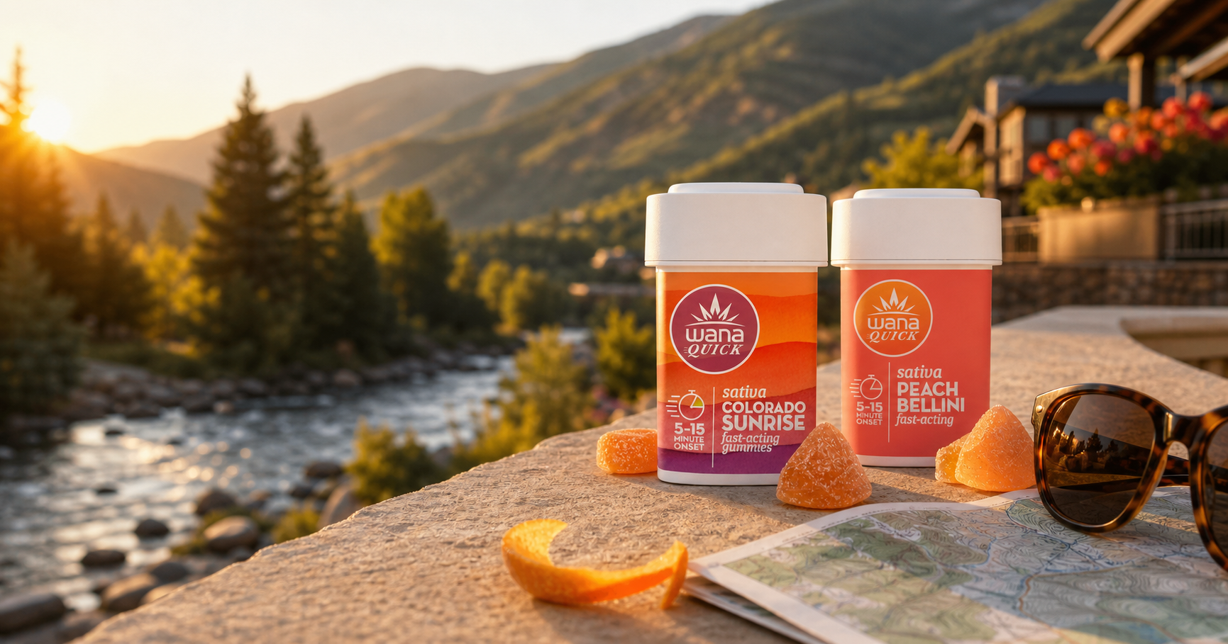 Wana Quick Colorado Sunrise and Peach Bellini THC gummy packages