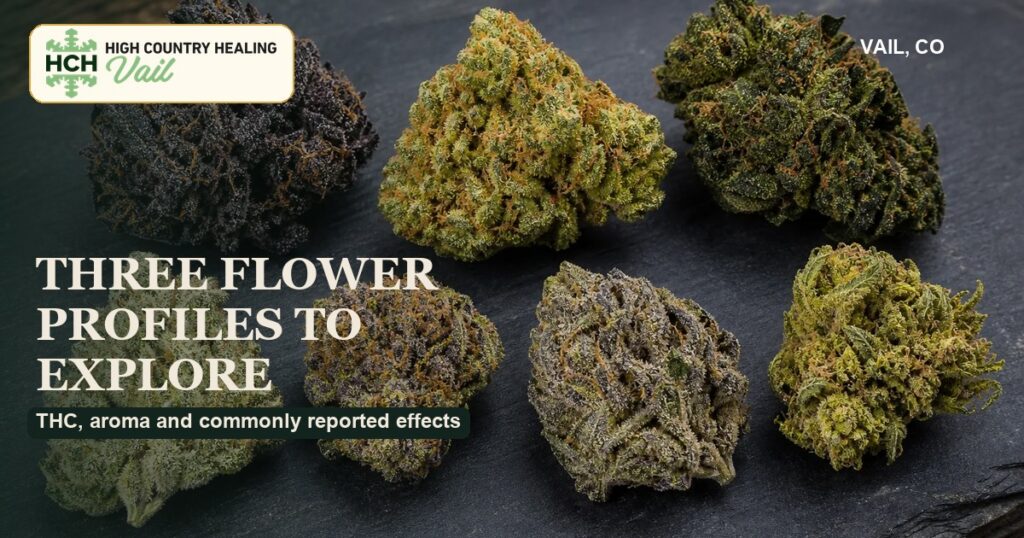 Three cannabis flower profiles at High Country Healing Vail
