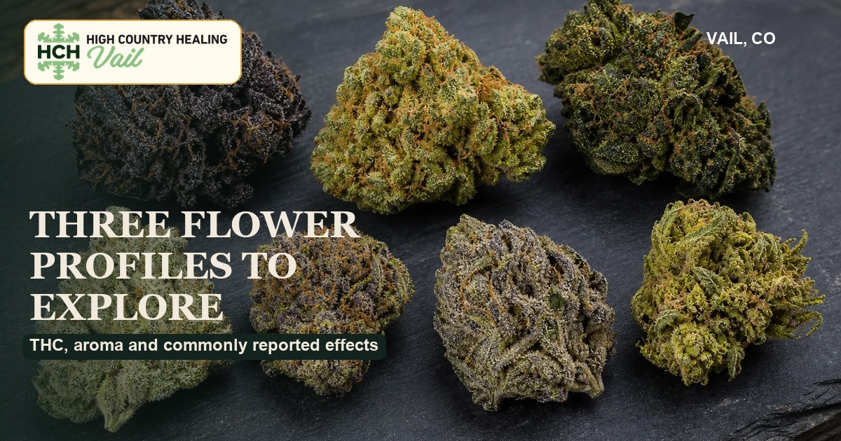 Three cannabis flower profiles at High Country Healing Vail