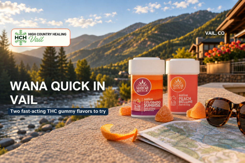 Wana Quick Colorado Sunrise and Peach Bellini gummies in a luxury Vail setting