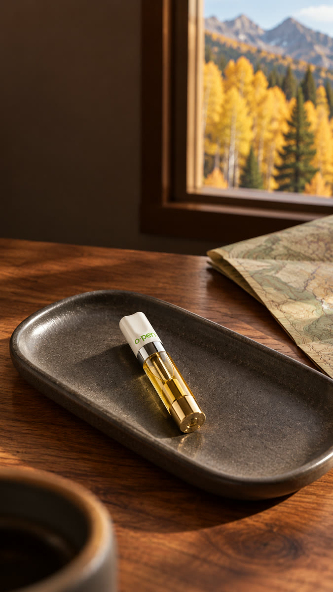 O.pen cartridge on a stone tray beside an autumn mountain view